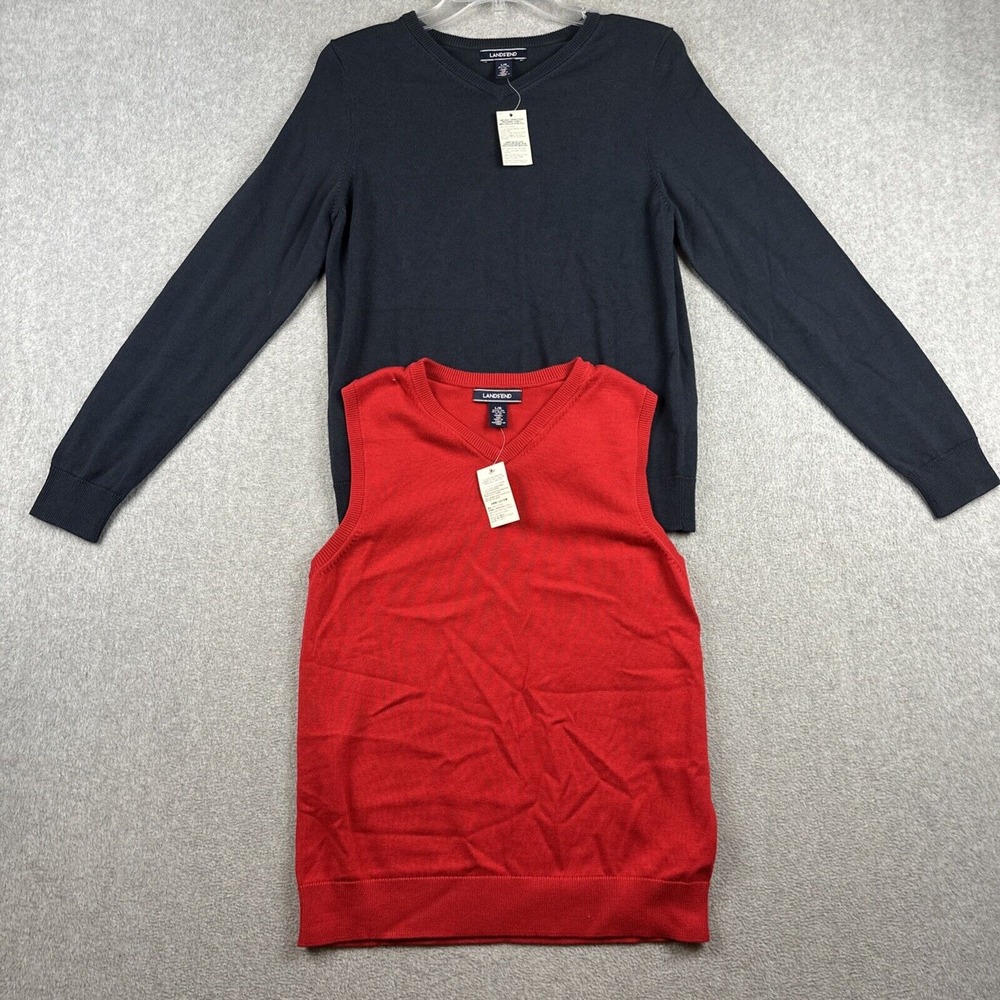 Lands' End Sweater Vest Boys L (14-16) Red Blue Cotton V Neck NWT LOT OF 2